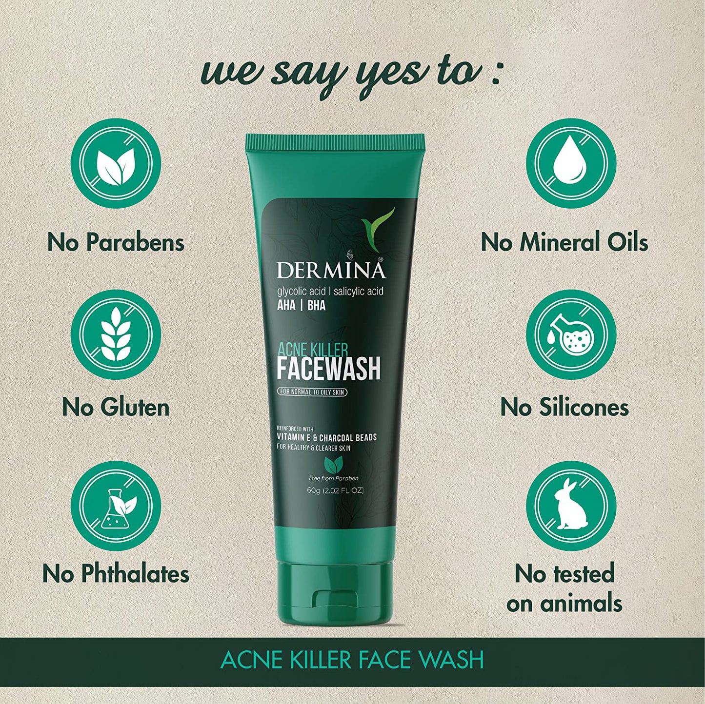 Dermina Acne Killer Facewash with Glycolic Acid, , Vitamin Pack of - 2