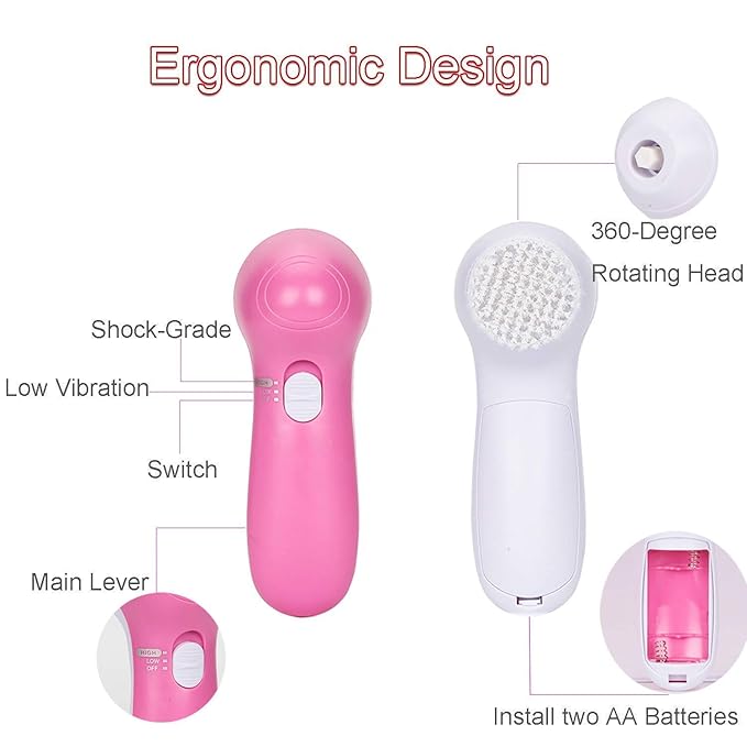 Facial Cleansing Brush 5 in 1 Portable Electric Facial Massager with 5 Spin Brush Heads for Acne, Blackheads, Dead Skin and All Skin Care and Acne Tool