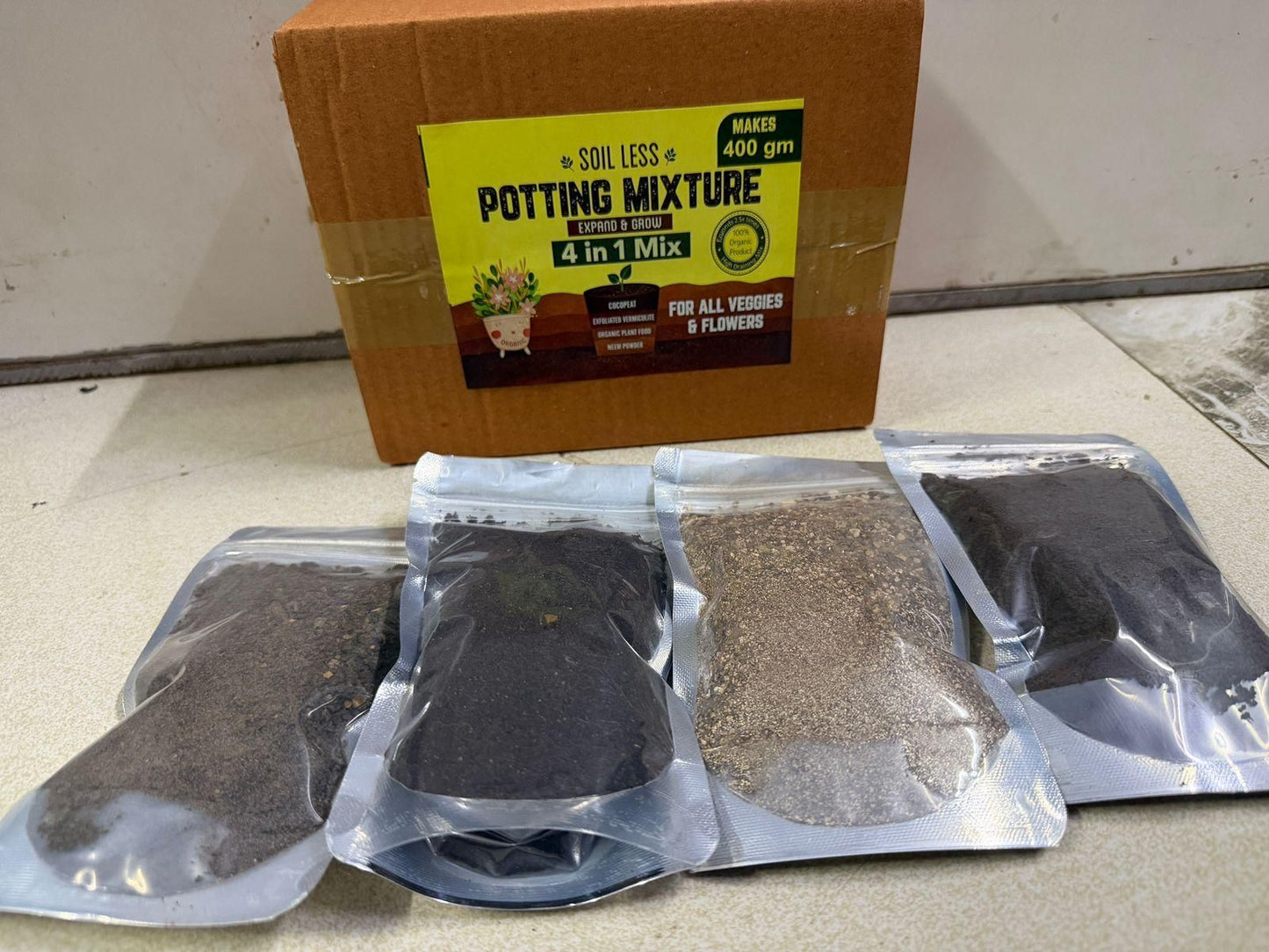 4-in-1 Soil Less Potting Mixture - Cocopeat, Vermiculite, Neem Khad, Organic Plant Food (100gm Each) (4 Packets)