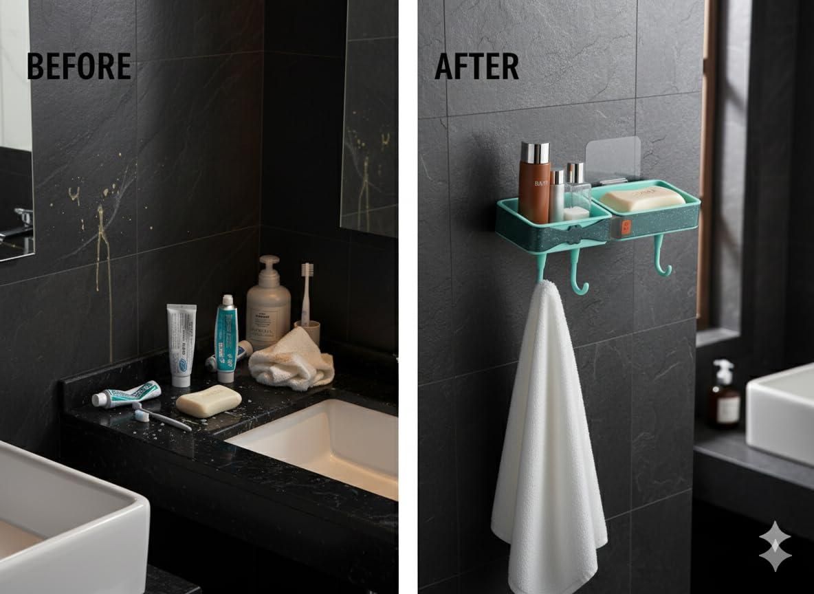 Wall-Mounted Bathroom Shelf with Hooks No-Drill Self-Adhesive Dual Compartment Storage Shelf